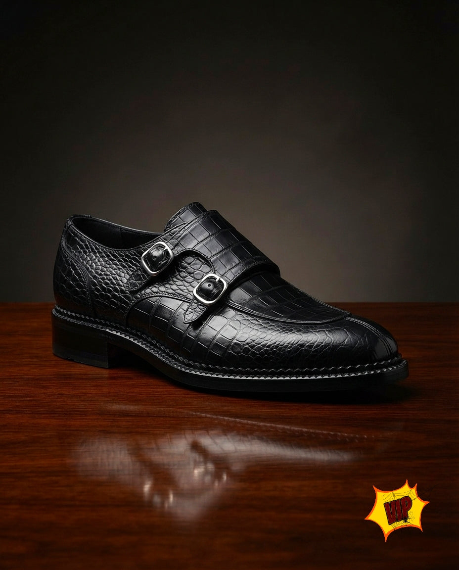 Chaussures de Luxe Homme en Cuir – Double Boucle Premium Noir Croco