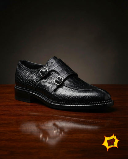 Chaussures de Luxe Homme en Cuir – Double Boucle Premium Noir Croco