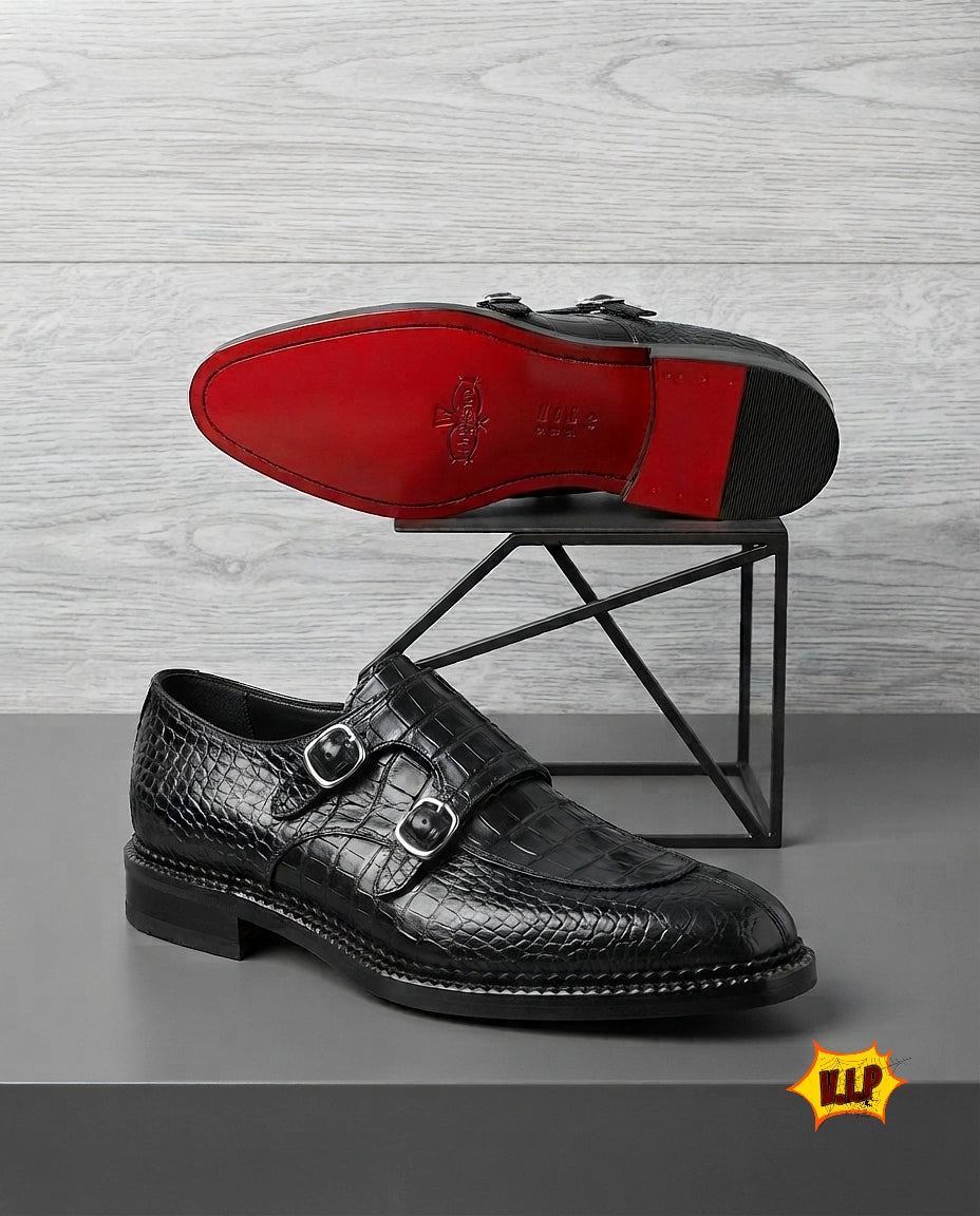 Chaussures de Luxe Homme en Cuir – Double Boucle Premium Noir Croco