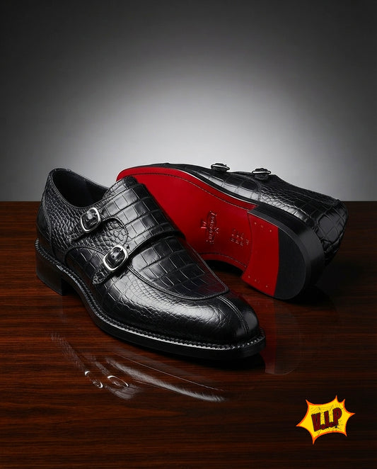 Chaussures de Luxe Homme en Cuir – Double Boucle Premium Noir Croco