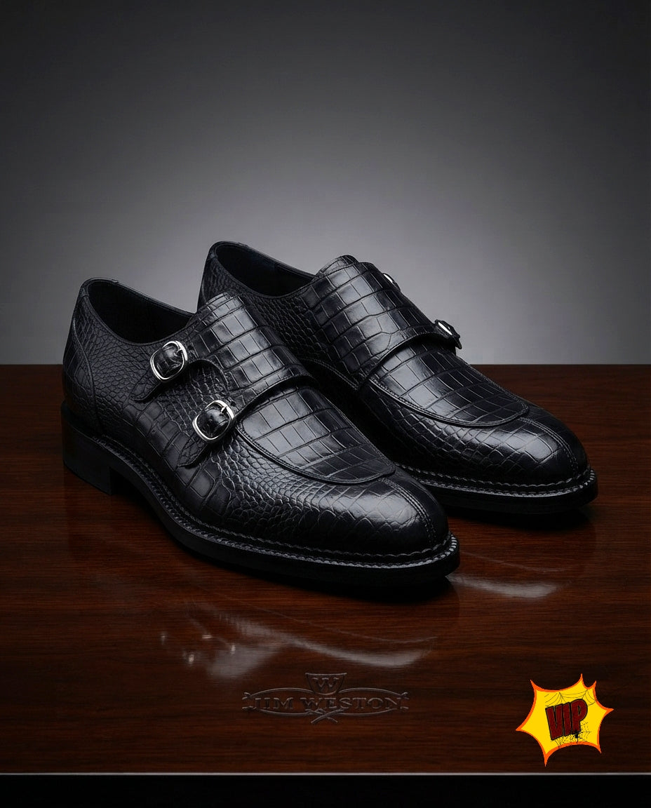 Chaussures de Luxe Homme en Cuir – Double Boucle Premium Noir Croco